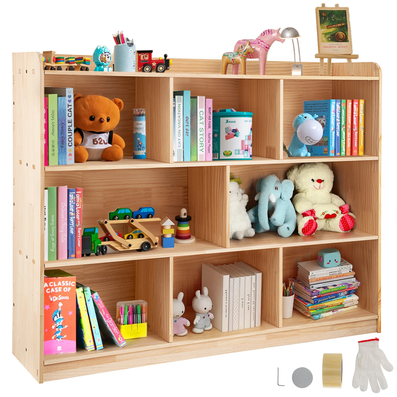 3-Tier Bookshelf 8-Section Wooden Bookcase Storage